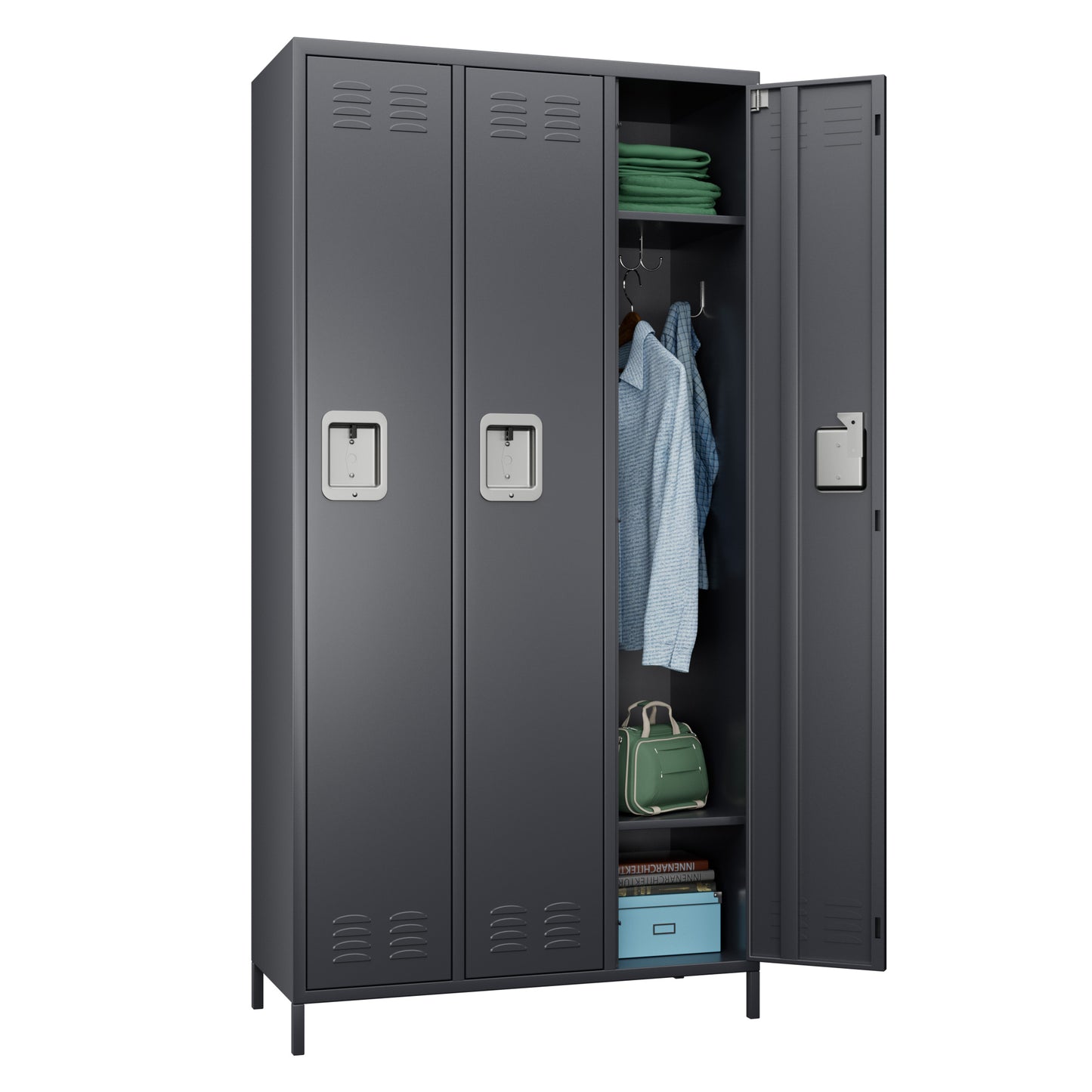 GREATMEET Metal Locker for School Office Gym Home,3 Doors Steel Storage Locker Cabinet for Employees,Industrial Storage Locker with 6 Shelves and 6 Hooks