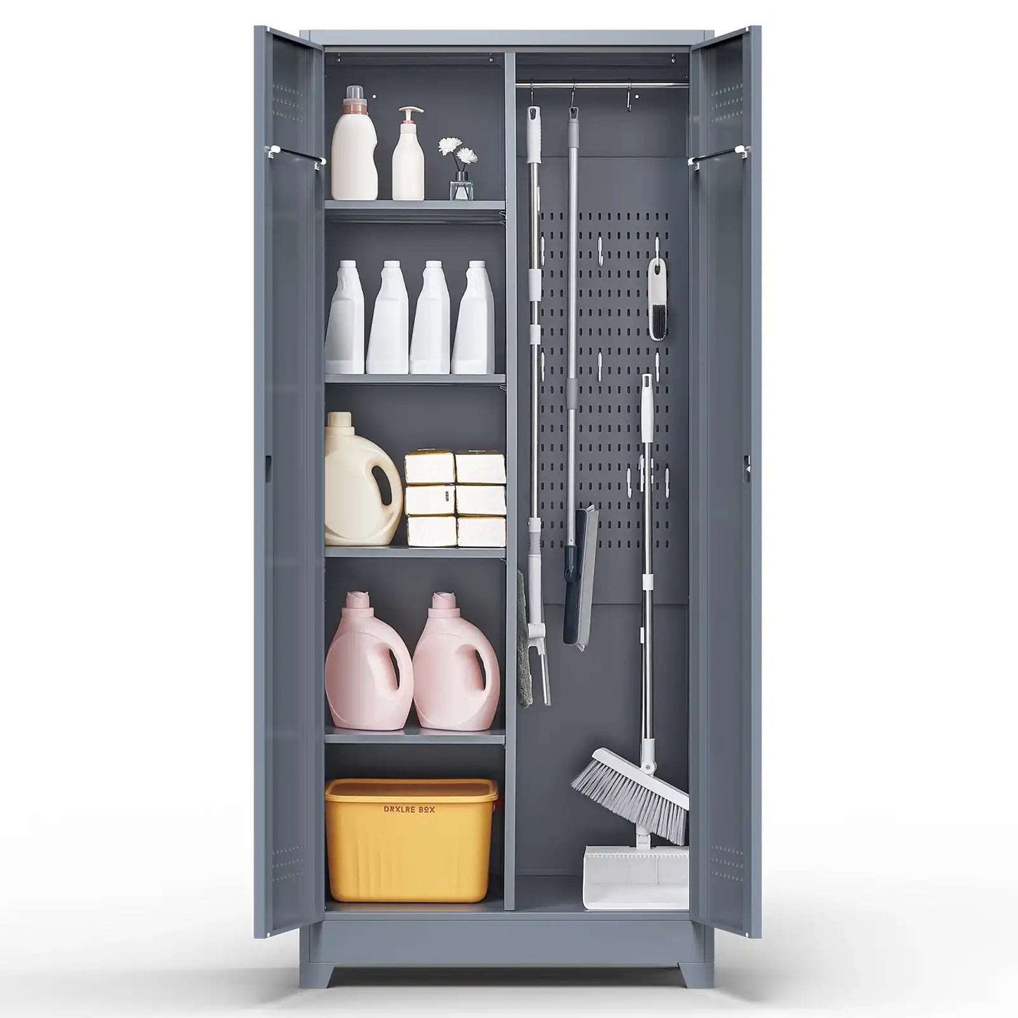 GREATMEET Broom Closet Storage Cabinet with Locking Doors, Metal Storage Cabinet with Hanging Rod,Garage Storage Cabinet with Hook,Cleaning Tool Cabinet
