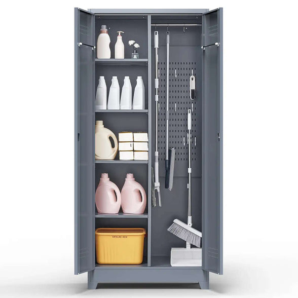 GREATMEET Broom Closet Storage Cabinet with Locking Doors, Metal Storage Cabinet with Hanging Rod,Garage Storage Cabinet with Hook,Cleaning Tool Cabinet