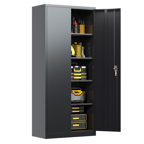 GREATMEET Metal Garage Cabinets,71" Lockable Metal Storage Cabinet with 2 Doors and 4 Adjustable Shelves,Black Steel Cabinet for Garage Office School Home Storage