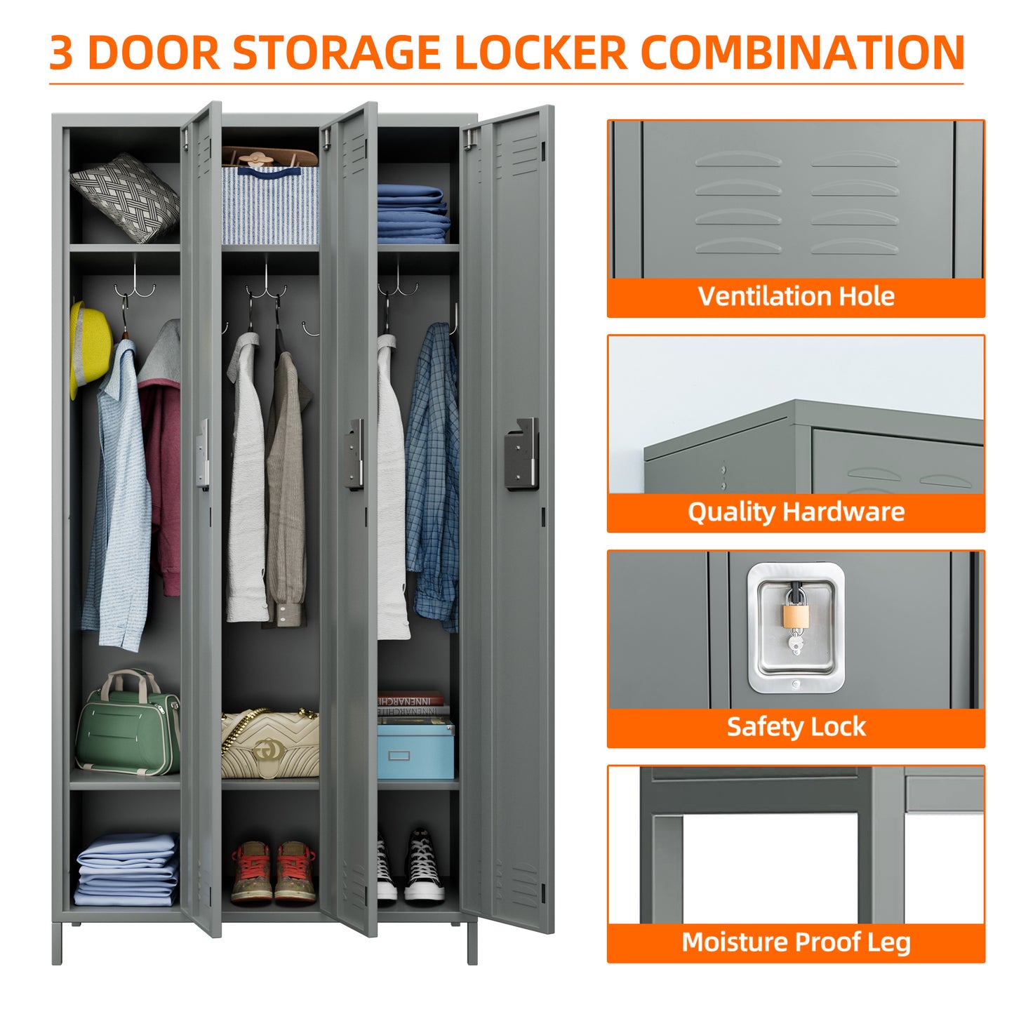 GREATMEET Metal Locker for School Office Gym Home,3 Doors Steel Storage Locker Cabinet for Employees,Industrial Storage Locker with 6 Shelves and 6 Hooks