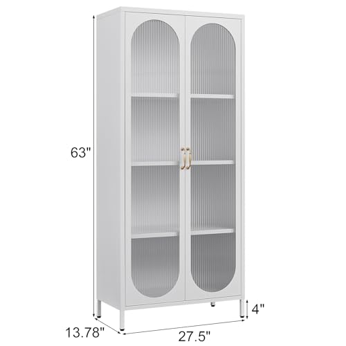 Greatmeet Display Cabinet with Glass Doors,Glass Storage Cabinet with Adjustable Shelves,Steel Kitchen Pantry Cabinet Bookcase