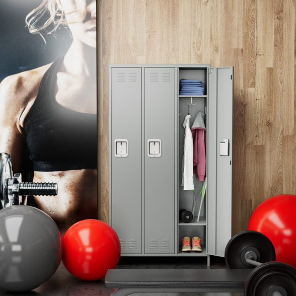 GREATMEET Metal Locker for School Office Gym Home,3 Doors Steel Storage Locker Cabinet for Employees,Industrial Storage Locker with 6 Shelves and 6 Hooks