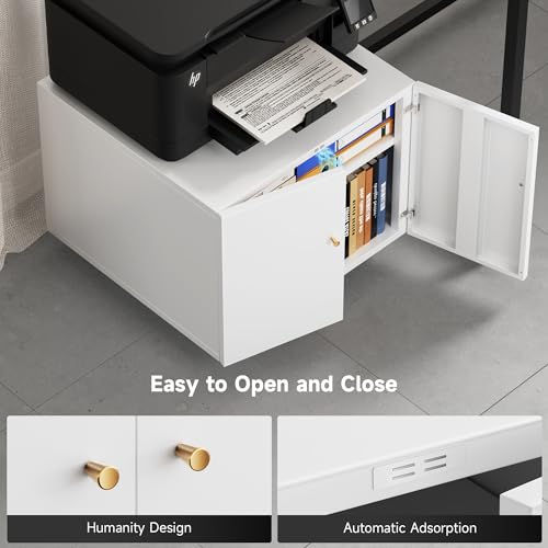 GREATMEET Metal Printer Stand with Storage Mobile Printer Tables for Small Spaces with Door Adjustable Shelf White File Cabinet on Wheels for Home Office