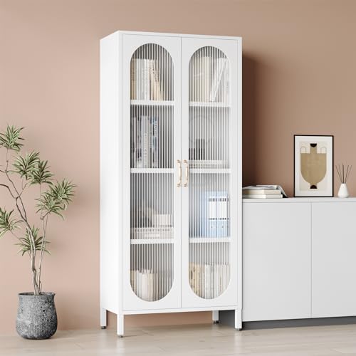 Greatmeet Display Cabinet with Glass Doors,Glass Storage Cabinet with Adjustable Shelves,Steel Kitchen Pantry Cabinet Bookcase