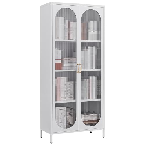 Greatmeet Display Cabinet with Glass Doors,Glass Storage Cabinet with Adjustable Shelves,Steel Kitchen Pantry Cabinet Bookcase