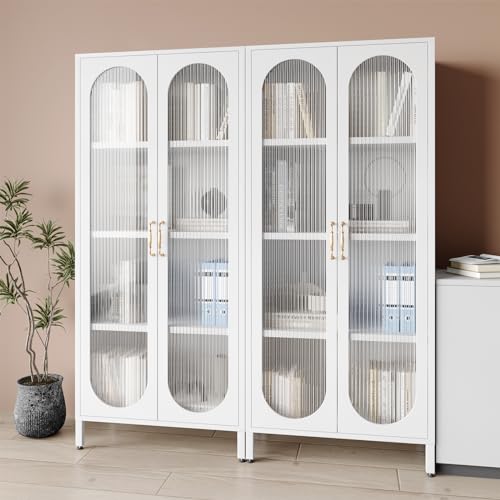 Greatmeet Display Cabinet with Glass Doors,Glass Storage Cabinet with Adjustable Shelves,Steel Kitchen Pantry Cabinet Bookcase