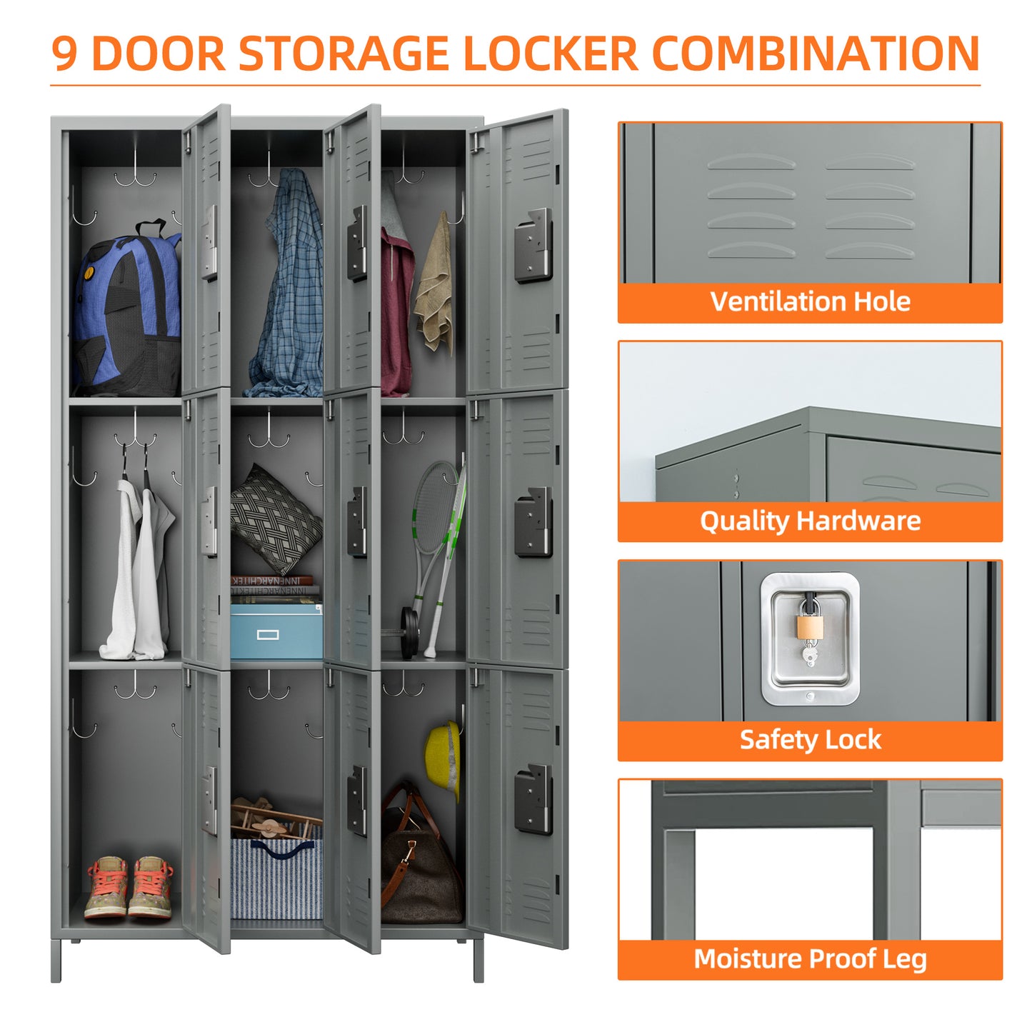 GREATMEET Metal Locker for School Office Gym Bedroom,9 Doors Black Steel Storage Locker Cabinet for Employees, Industrial Storage Locker, Assembly Required