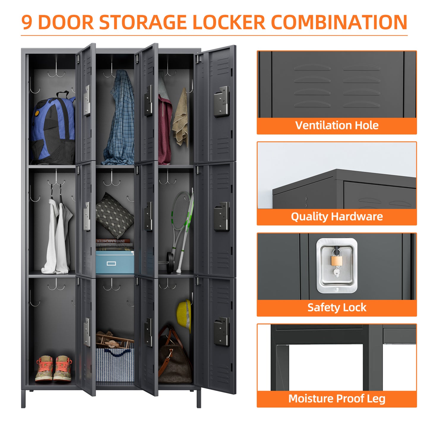 GREATMEET Metal Locker for School Office Gym Bedroom,9 Doors Black Steel Storage Locker Cabinet for Employees, Industrial Storage Locker, Assembly Required