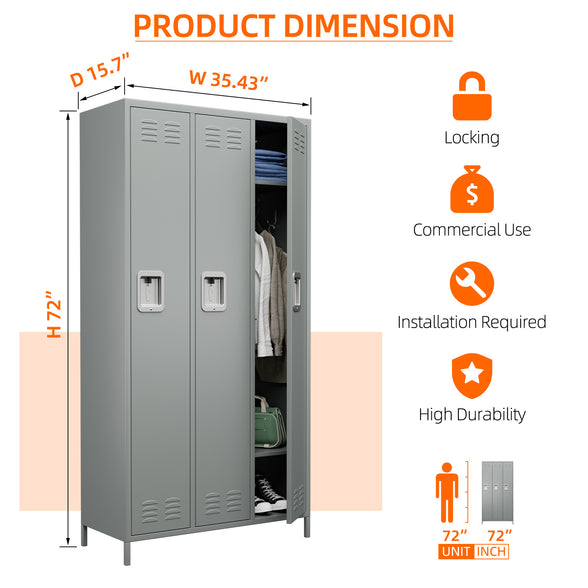 GREATMEET Metal Locker for School Office Gym Home,3 Doors Steel Storage Locker Cabinet for Employees,Industrial Storage Locker with 6 Shelves and 6 Hooks