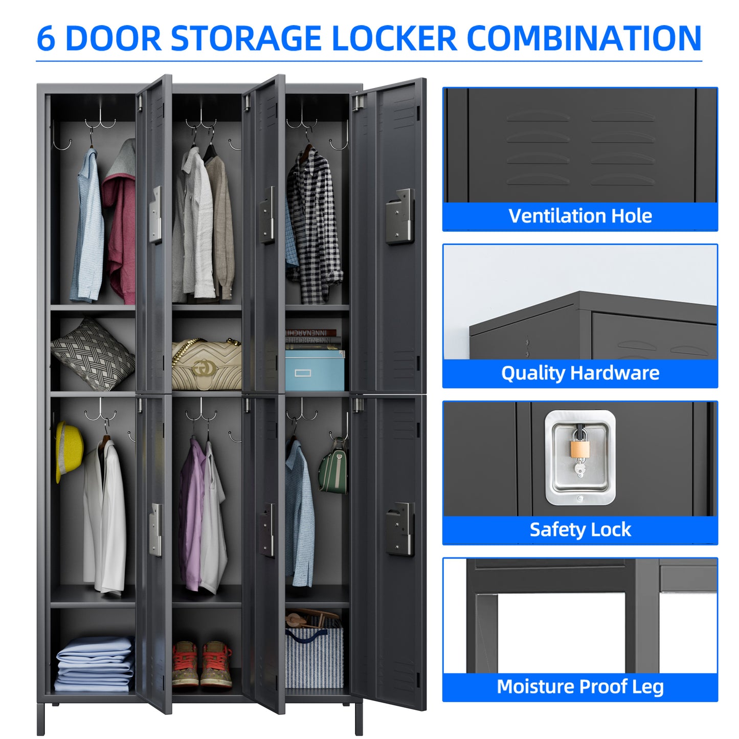 GREATMEET Metal Lockers for Employees School Office Gym Home lockers Storage,6 Doors Metal Storage Locker Cabinet with 6 Shelves and 12 Hooks