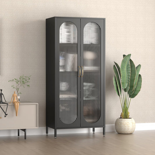 Greatmeet Display Cabinet with Glass Doors,Glass Storage Cabinet with Adjustable Shelves,Steel Kitchen Pantry Cabinet Bookcase