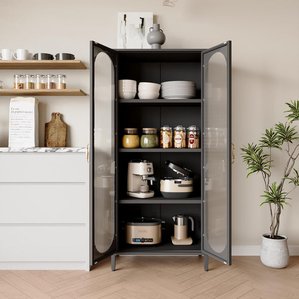 Greatmeet Display Cabinet with Glass Doors,Glass Storage Cabinet with Adjustable Shelves,Steel Kitchen Pantry Cabinet Bookcase