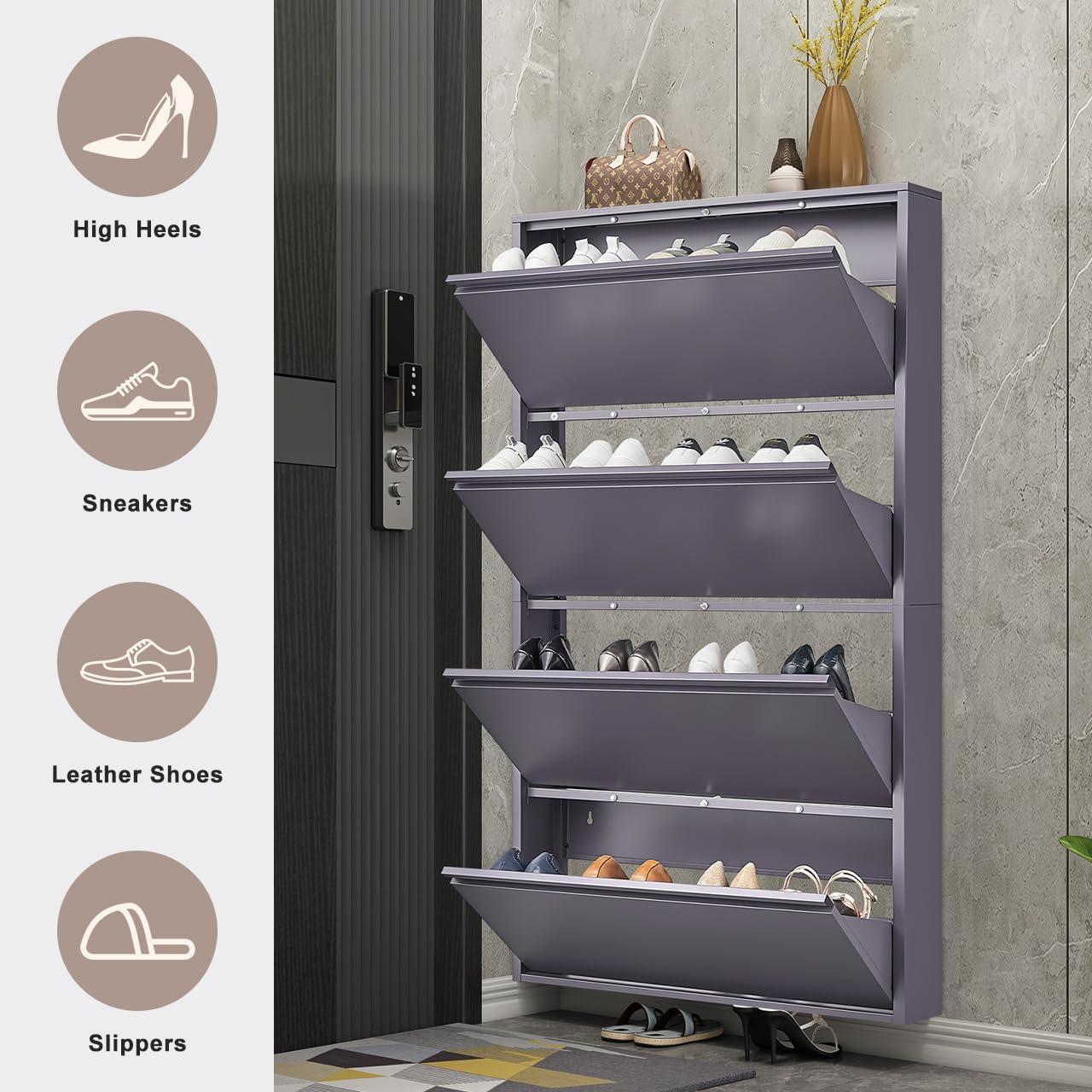 GREATMEET Shoe Storage Cabinet with 3 Flip Drawers, Wall Mount Metal Shoe Organizer for Entryway, Flip Drawer Steel Shoe Rack Cabinet for Indoor Shoe Storage