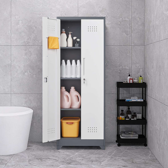 GREATMEET Broom Closet Storage Cabinet with Locking Doors, Metal Storage Cabinet with Hanging Rod,Garage Storage Cabinet with Hook,Cleaning Tool Cabinet