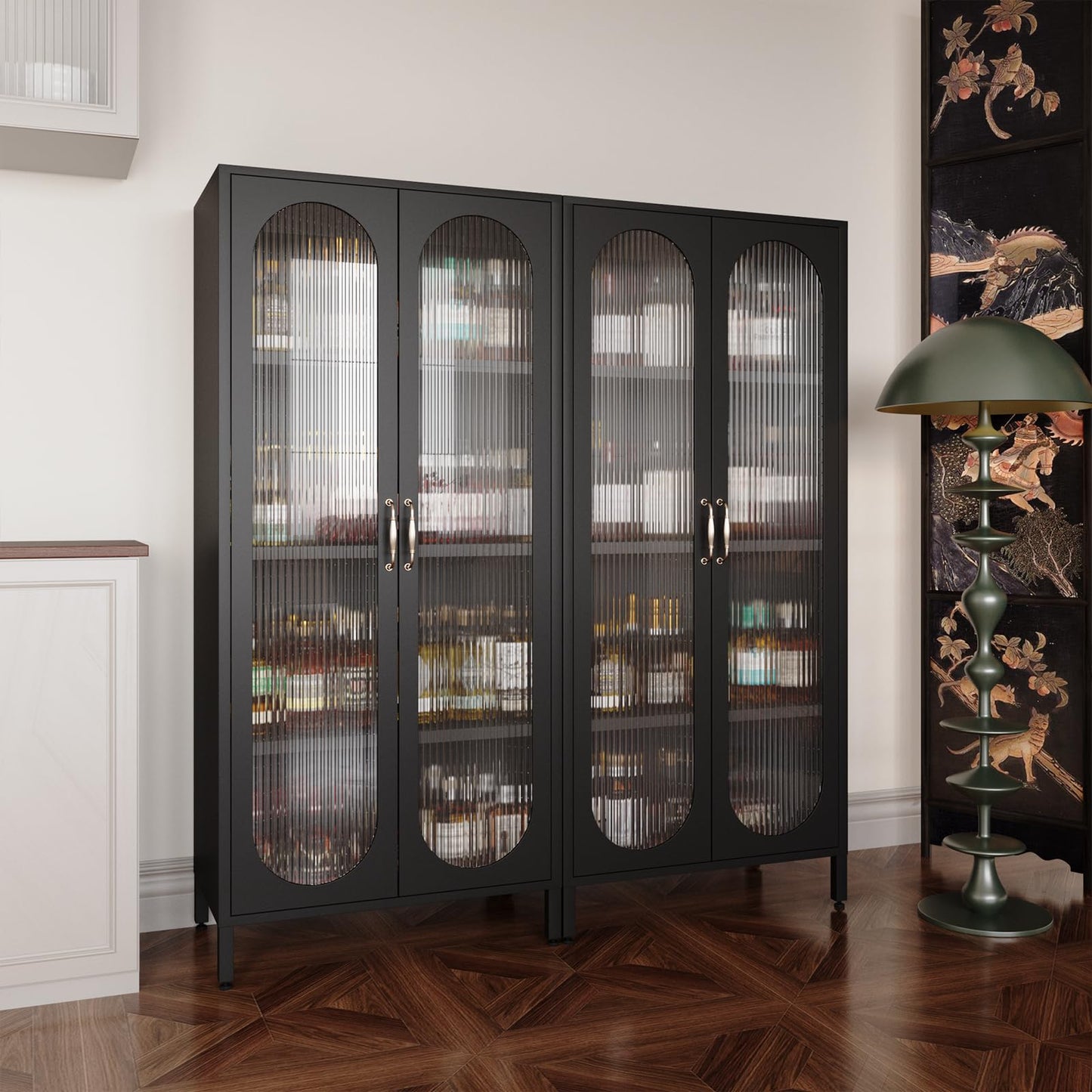 Greatmeet Display Cabinet with Glass Doors,Glass Storage Cabinet with Adjustable Shelves,Steel Kitchen Pantry Cabinet Bookcase