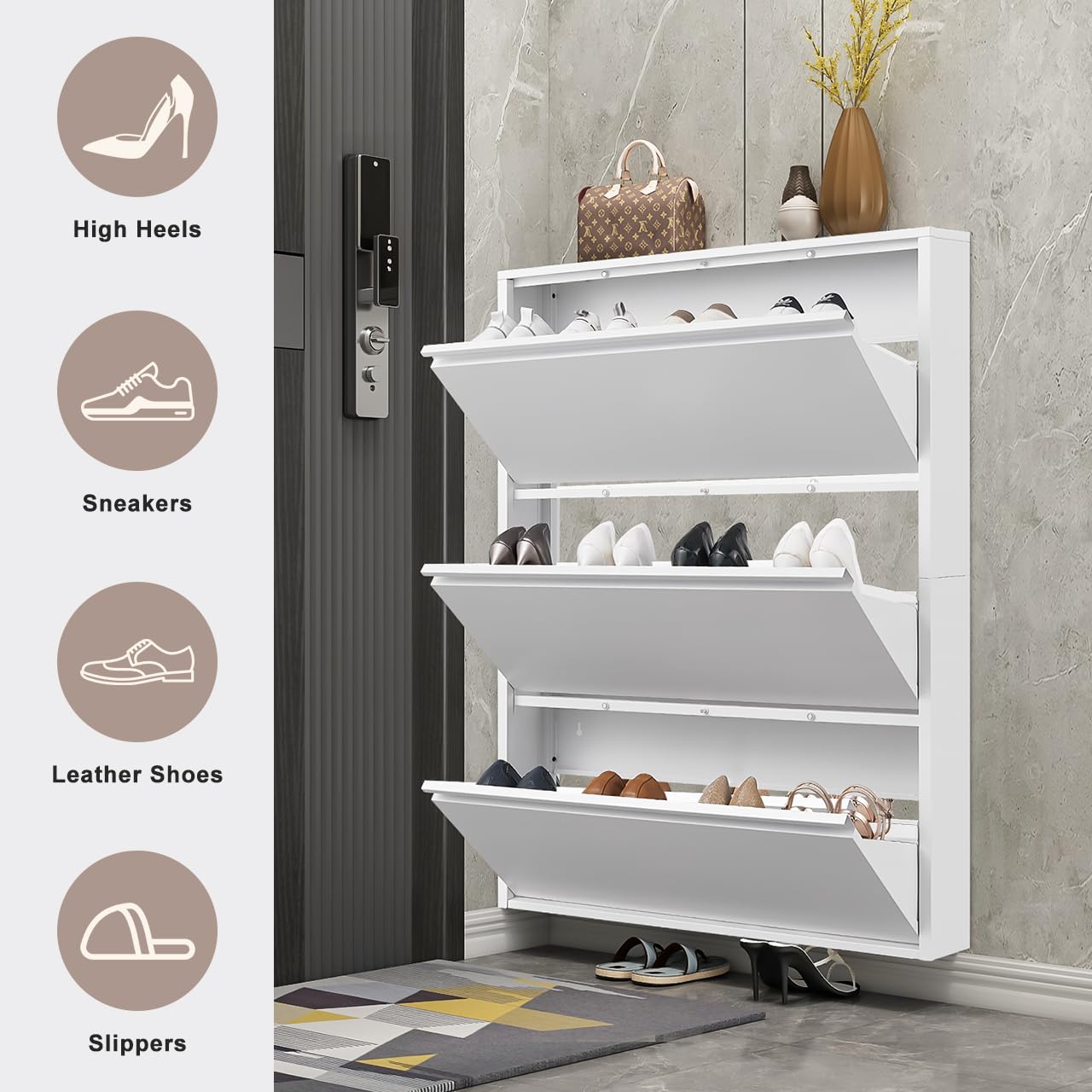 GREATMEET Shoe Storage Cabinet with 3 Flip Drawers, Wall Mount Metal Shoe Organizer for Entryway, Flip Drawer Steel Shoe Rack Cabinet for Indoor Shoe Storage