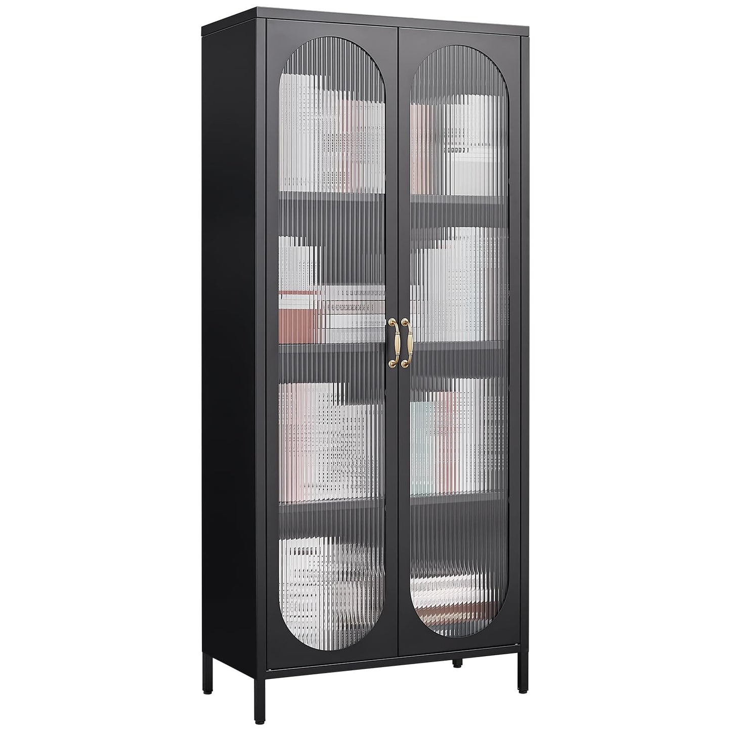 Greatmeet Display Cabinet with Glass Doors,Glass Storage Cabinet with Adjustable Shelves,Steel Kitchen Pantry Cabinet Bookcase