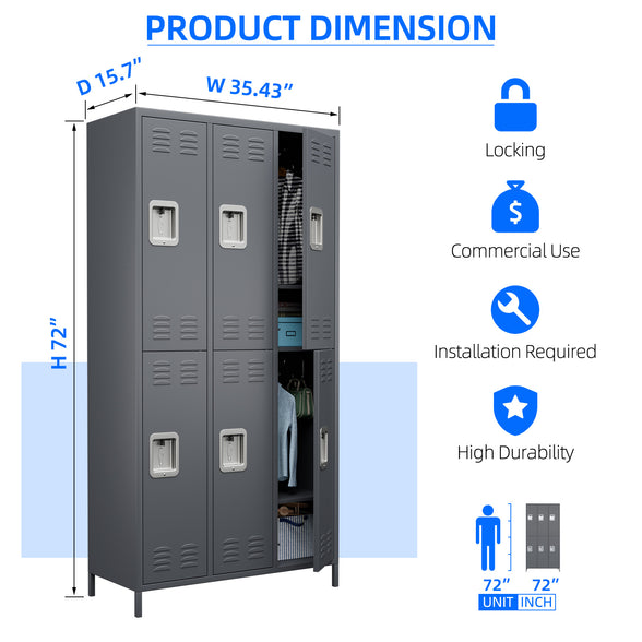 GREATMEET Metal Lockers for Employees School Office Gym Home lockers Storage,6 Doors Metal Storage Locker Cabinet with 6 Shelves and 12 Hooks