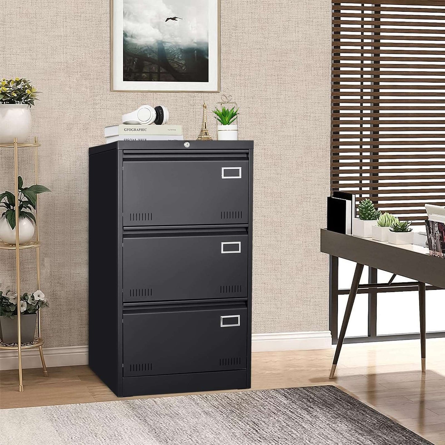 GREATMEET 2 Drawer Lateral File Cabinet,Metal Filing Cabinet with Lock,Locking Storage File Cabinet for Hanging Files,Office Lateral File Cabinets for Letter/Legal/F4/A4 Size,Black-2Drawer
