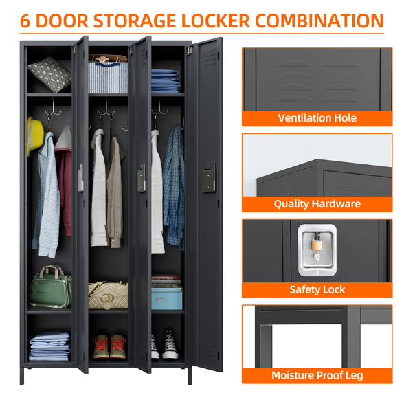 GREATMEET Metal Locker for School Office Gym Home,3 Doors Steel Storage Locker Cabinet for Employees,Industrial Storage Locker with 6 Shelves and 6 Hooks