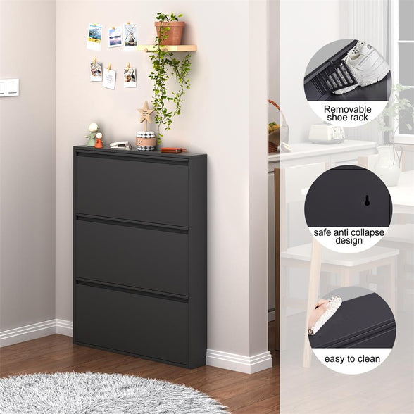 GREATMEET Shoe Storage Cabinet with 3 Flip Drawers, Wall Mount Metal Shoe Organizer for Entryway, Flip Drawer Steel Shoe Rack Cabinet for Indoor Shoe Storage