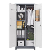 GREATMEET Broom Closet Storage Cabinet with Locking Doors, Metal Storage Cabinet with Hanging Rod,Garage Storage Cabinet with Hook,Cleaning Tool Cabinet